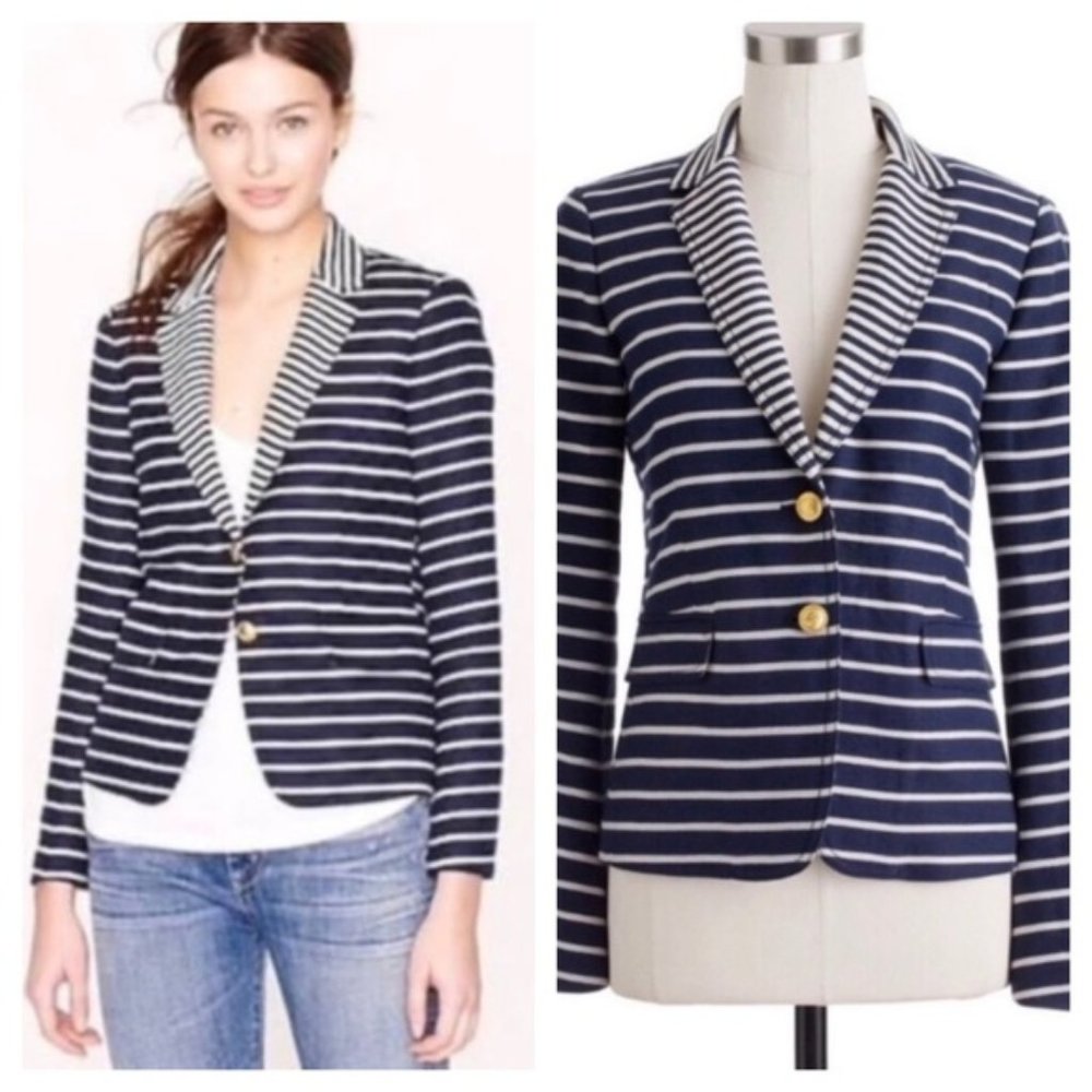 J Crew Navy Linen Striped Schoolboy Blazer